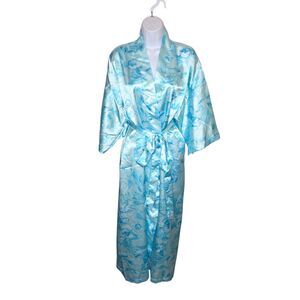 Serenada Satin Floral Robe Light Blue Long Kimono Wrap Belted Plus Size 1X